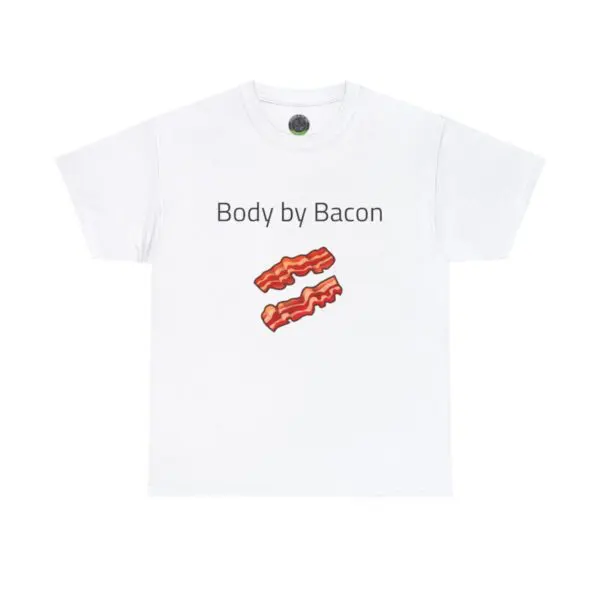 Product Data: Body by Bacon
Description: A white T-shirt showcases the phrase "Body by Bacon" printed in black, complemented by two illustrated strips of crispy bacon beneath it in red and brown shades. This casual shirt is designed with a round neck and short sleeves.