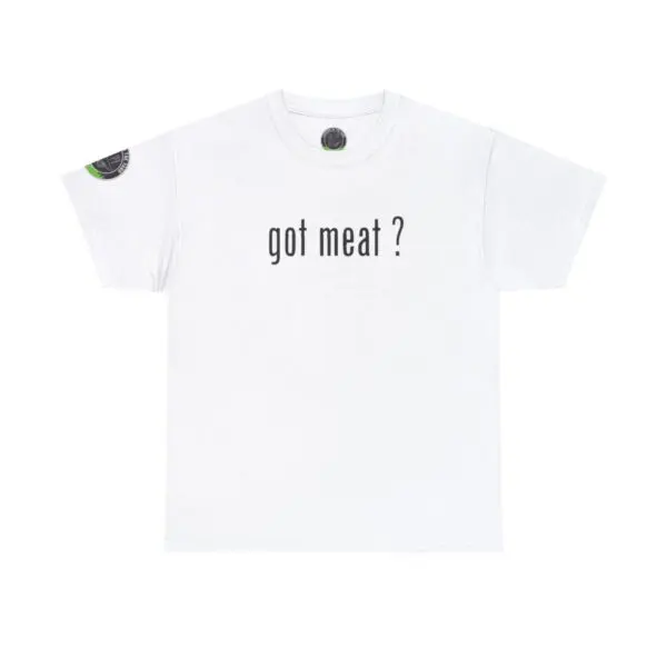 The "got meat ?" white T-shirt showcases the phrase in small, lowercase letters on the front. Enhanced with a subtle logo on the sleeve, it perfectly blends simplicity and style.