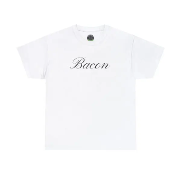 A plain white Bacon T-shirt featuring the word "Bacon" elegantly scripted across the chest, embodying a sense of true deliciousness.