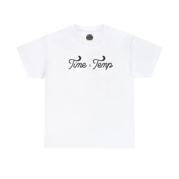 Time & Temp Tee featuring "Time & Temp" in elegant cursive on the front, presented on a simple white backdrop.