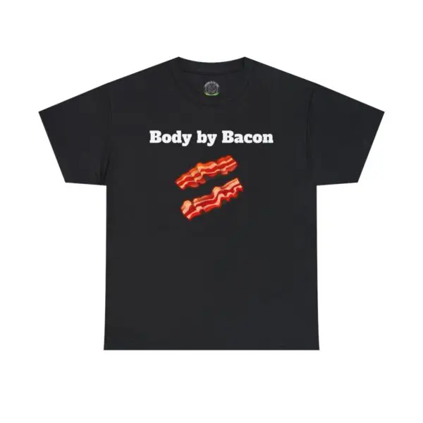 Introducing our "Body by Bacon" black T-shirt, showcasing the phrase in bold white letters with two crispy bacon strips beneath. It's an ideal choice for anyone who appreciates the comfort of delicious simplicity.