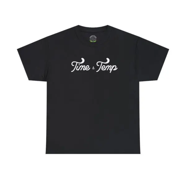 An ideal black T-shirt with the phrase "Time & Temp" elegantly written in cursive letters on the front, centered.