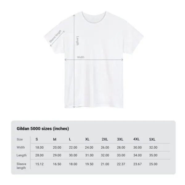 Introducing the Cooking In The Yard T-Shirt in white, featuring measurement lines for sleeve length, width, and overall length. Below is a clear size chart for the Gildan 5000 model, providing detailed dimensions in inches for sizes S through 5XL.