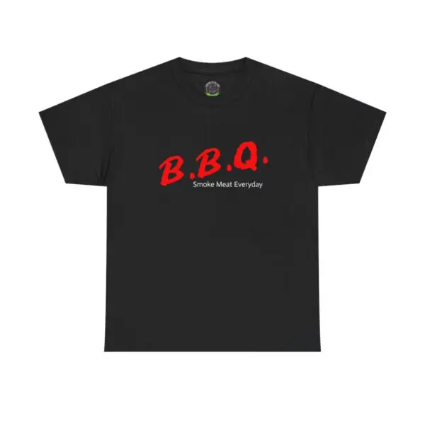 The BBQ Dare TShirt showcases a black design with bold red "B.B.Q." text and crisp white "Smoke Meat Everyday" lettering, embodying the flavorful essence of grilling season.