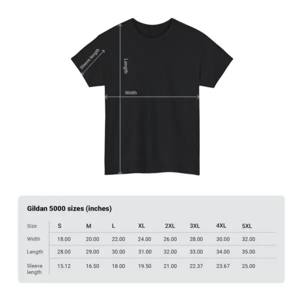 The "got brisket?" black t-shirt ensures a perfect fit, with detailed measurements for width, length, and sleeve length clearly shown. Below is the size chart in inches for the Gildan 5000 range from S to 5XL, specifying the width, length, and sleeve length for each size.