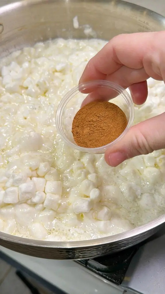 A hand holding a small clear container of brown cinnamon powder over a pan filled with melting mini marshmallows. The marshmallows are bubbling and partially melted.