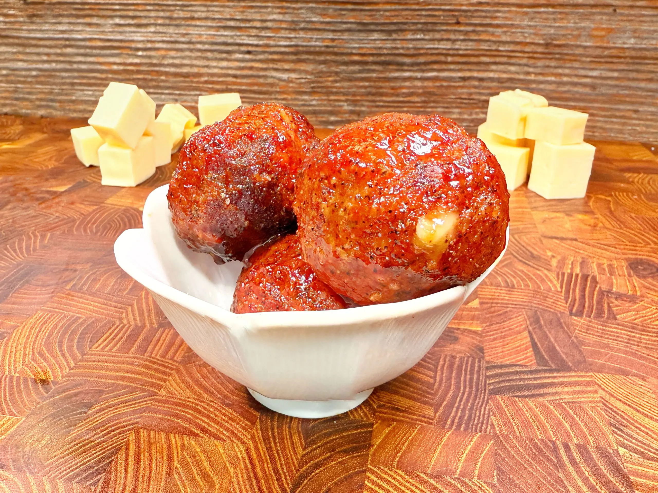 Three glazed meatballs are stacked in a white bowl on a wooden surface, with small cubes of cheese arranged in the background.