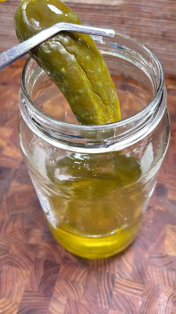 A pickle being lifted out of a glass jar filled with yellowish brine using a fork, on a wooden surface.