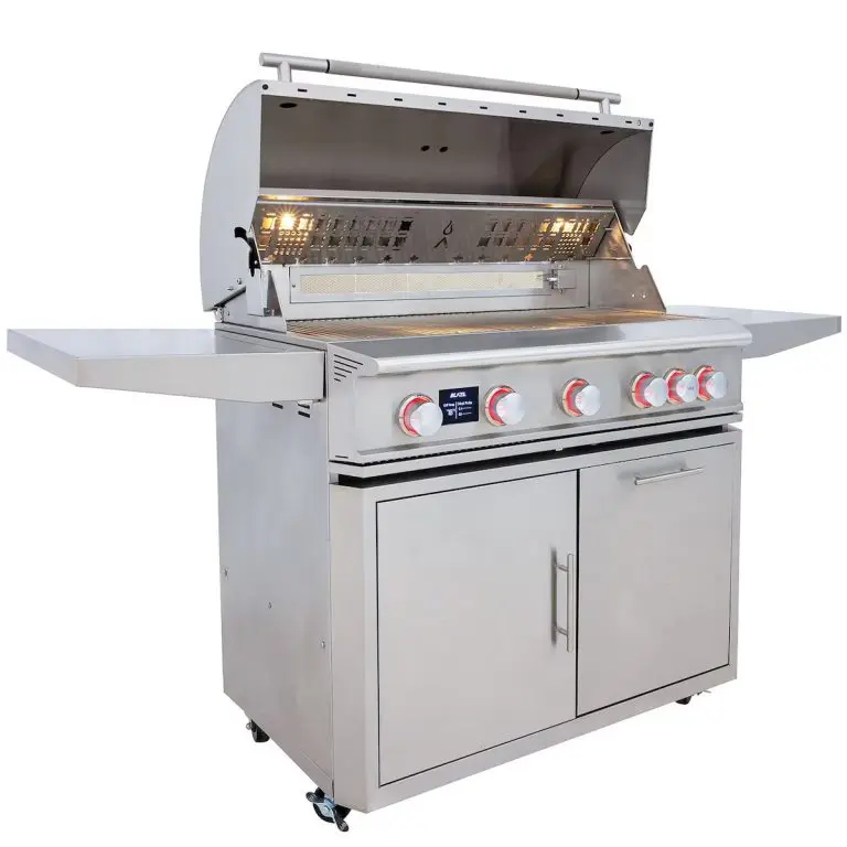 A Blaze Grill stainless steel outdoor gas grill with five control knobs, an open hood revealing the grilling area, two side shelves, and a double-door cabinet base on wheels—perfect for your next backyard BBQ or Grill Giveaway.