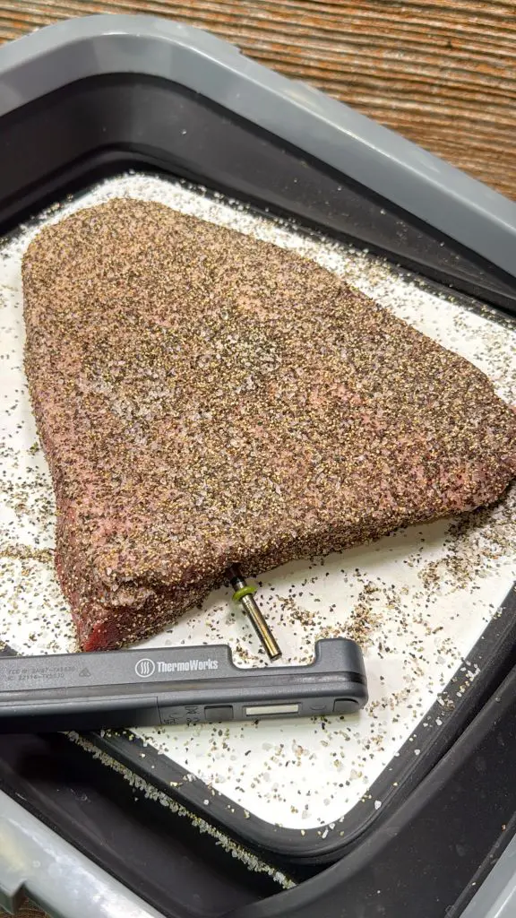 A seasoned brisket sits on parchment paper in a tray, with a digital meat thermometer inserted into the side to check its internal temperature.