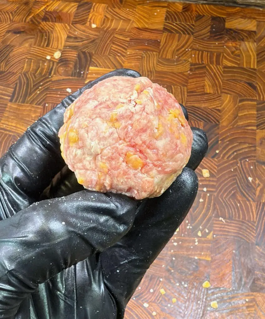 A hand wearing a black glove holds a raw meatball mixture with visible bits of cheese, over a patterned wooden surface.