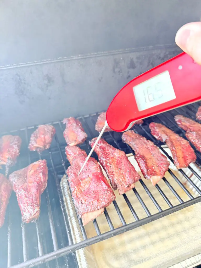 A hand holds a red meat thermometer, checking the temperature of barbecue ribs cooking on a grill. The thermometer reads 165°F, and several ribs are visible on the grill grates.