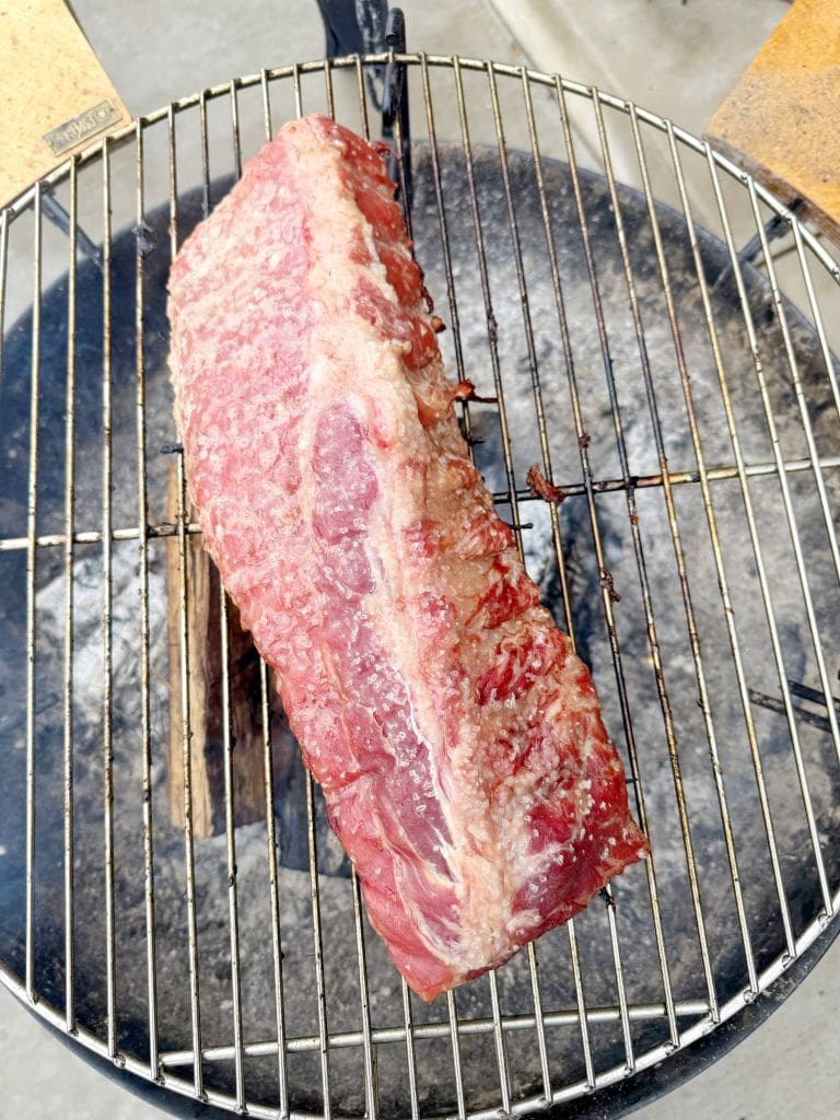 A slab of raw meat seasoned with salt is placed on a round grill over charcoal, ready for barbecuing.