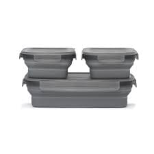 Three gray plastic storage containers with lids are stacked. Two smaller containers sit on top of a larger one, all neatly aligned, perfect for organizing your BBQ accessories or storing your gas grill essentials.
