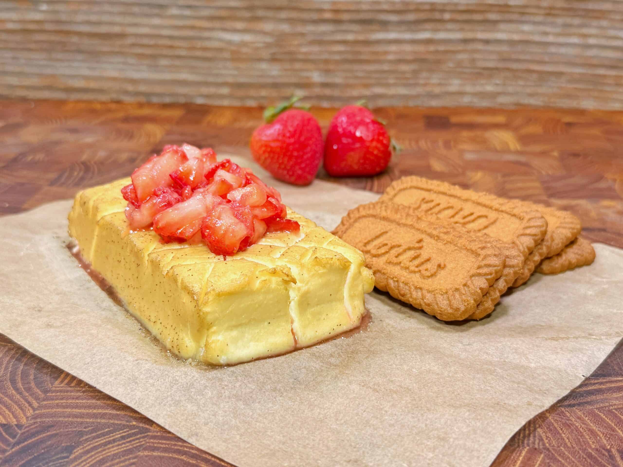 A rectangular cheesecake topped with chopped strawberries sits on parchment paper next to three Lotus Biscoff cookies and two whole strawberries, with a wooden surface background.