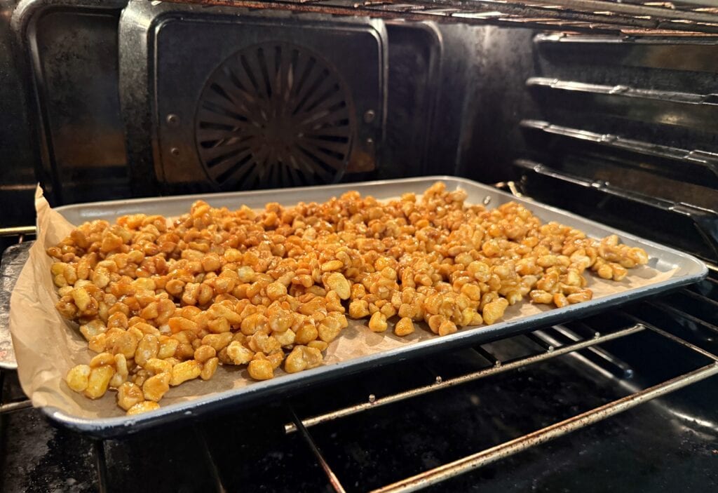 A baking tray lined with parchment paper holds a single layer of caramelized corn kernels roasting in an oven. The oven’s interior and racks are visible in the background.