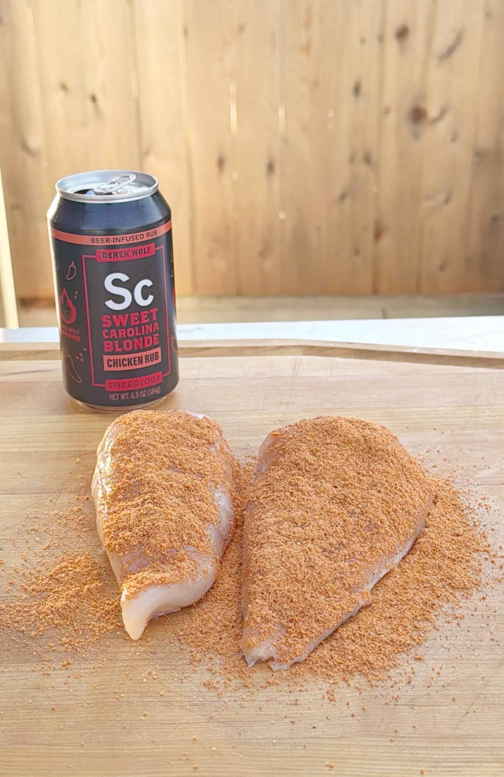 Two raw chicken breasts on a wooden cutting board are covered with a reddish spice rub. Behind them sits a black and red can labeled Sweet Carolina Blonde Chicken Rub. The setting appears to be outdoors.