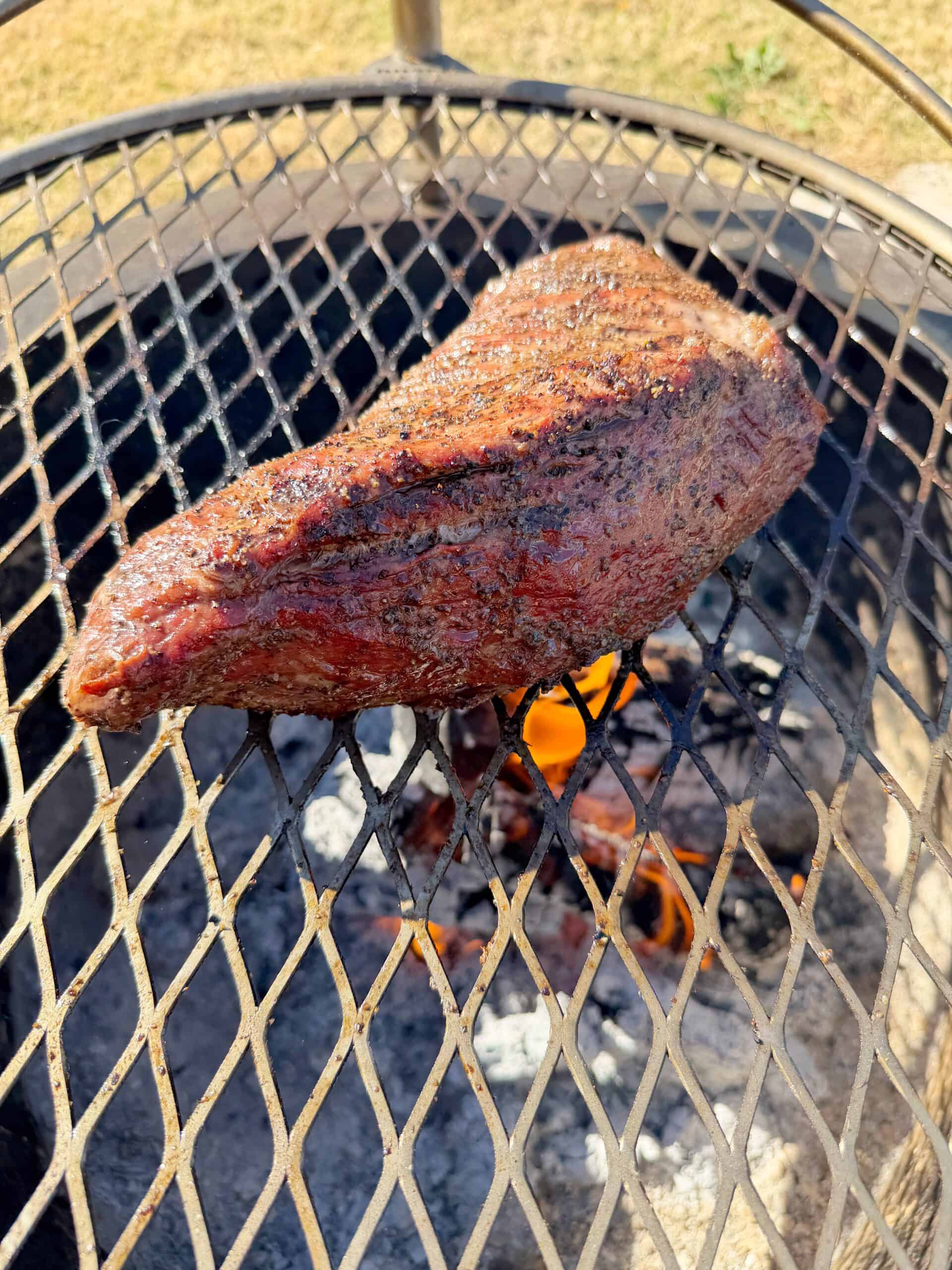 A seasoned piece of meat is grilling on a round metal grate over an open flame, with glowing coals and fire visible below. The outdoor scene features sunlight and grass in the background.