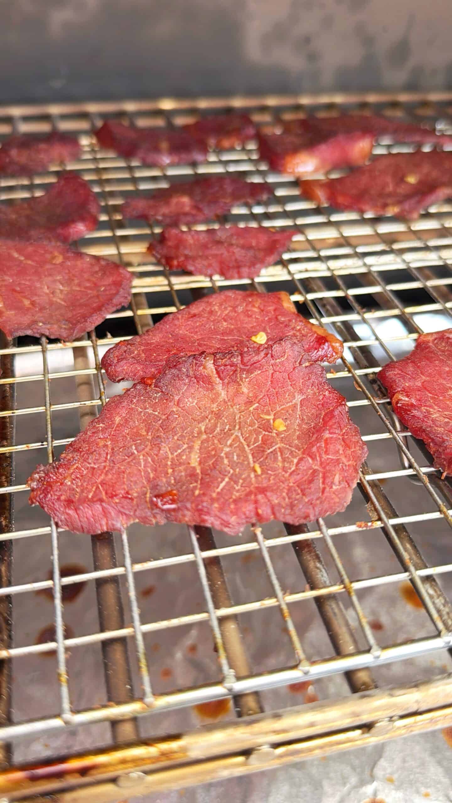 Close-up of several pieces of beef jerky on a metal wire rack, with a focus on the reddish, seasoned meat slices and some visible grill marks. The background is slightly blurred.
