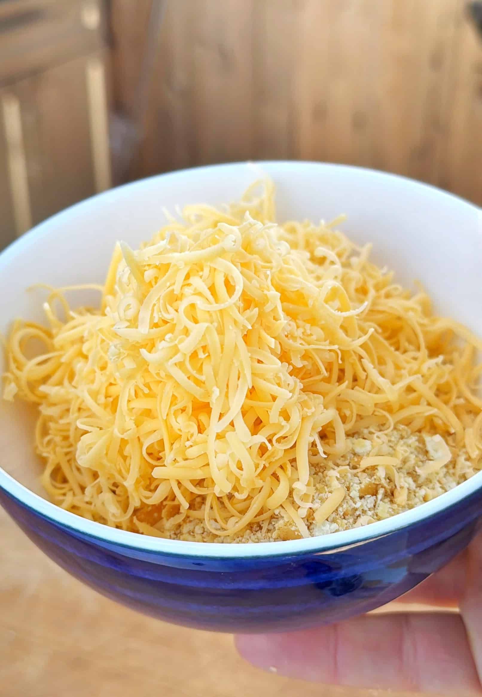 A close-up of a hand holding a blue and white bowl filled with shredded yellow cheese and some crumbled ingredients at the bottom, against a blurred indoor background.