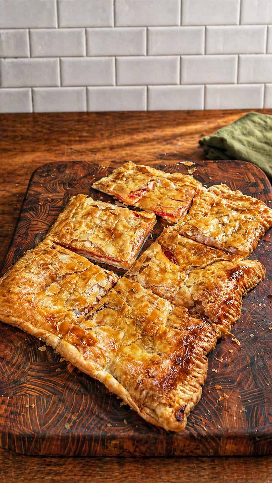 Golden, flaky pastry cut into six large squares sits on a wooden cutting board, with a tiled white background and a green cloth off to the side.