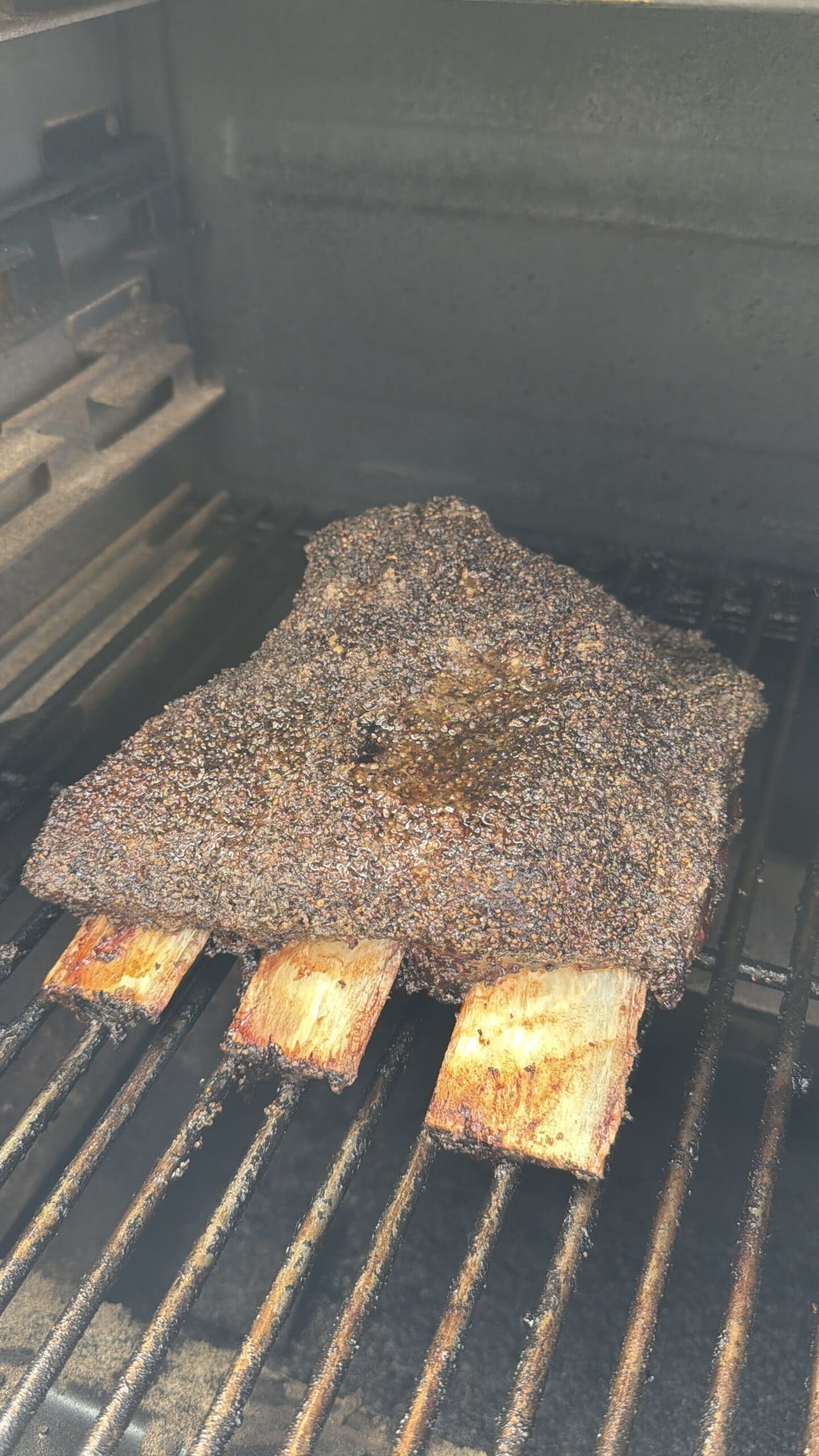 A large, seasoned rack of beef ribs is smoking on a grill. The meat has a dark, crusty bark and three exposed rib bones, with visible grill grates and the inside of the smoker in the background.