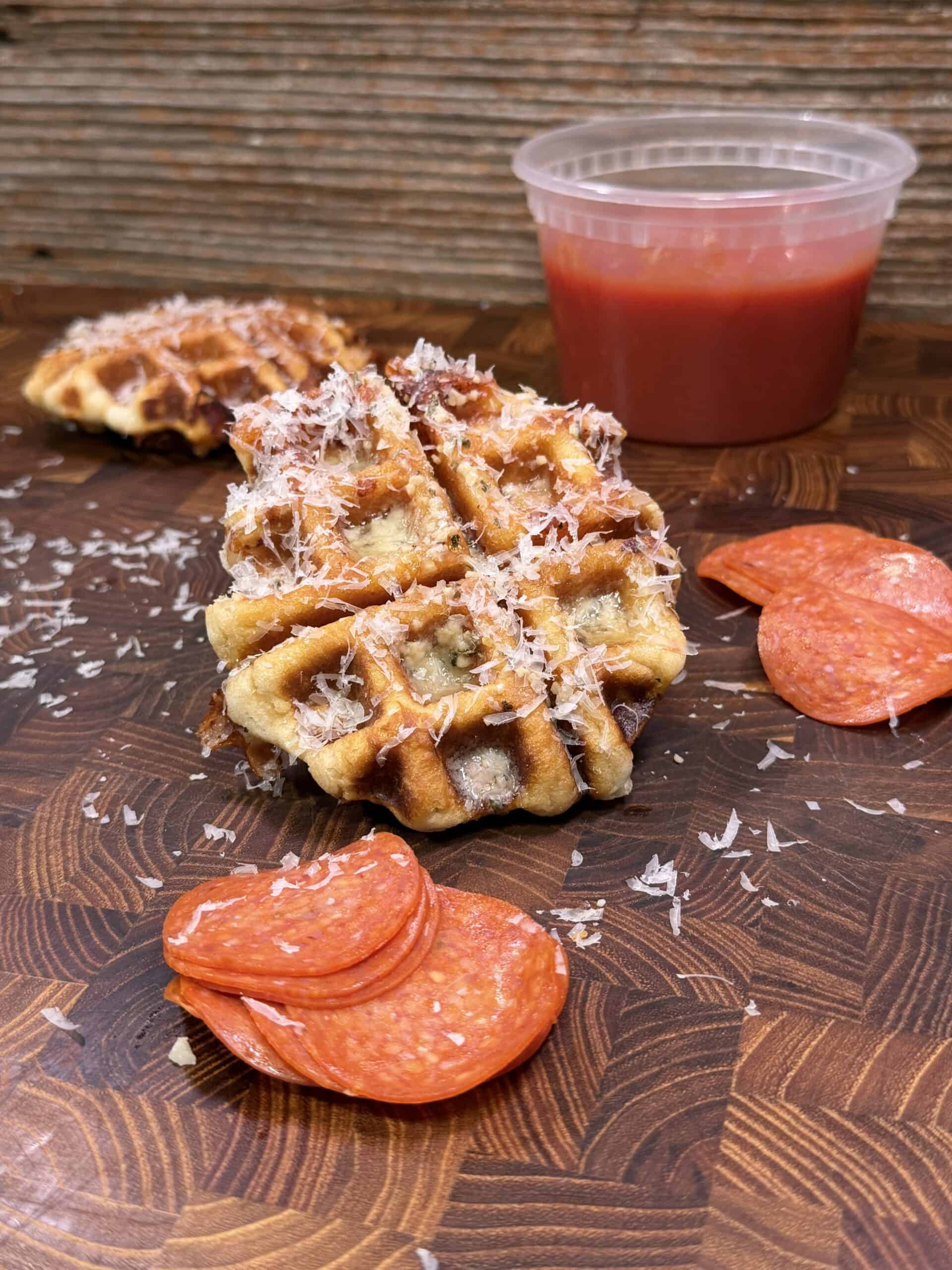 A waffle topped with grated cheese sits on a wooden board beside slices of pepperoni, more grated cheese, and a plastic container of red sauce, with another waffle in the background.