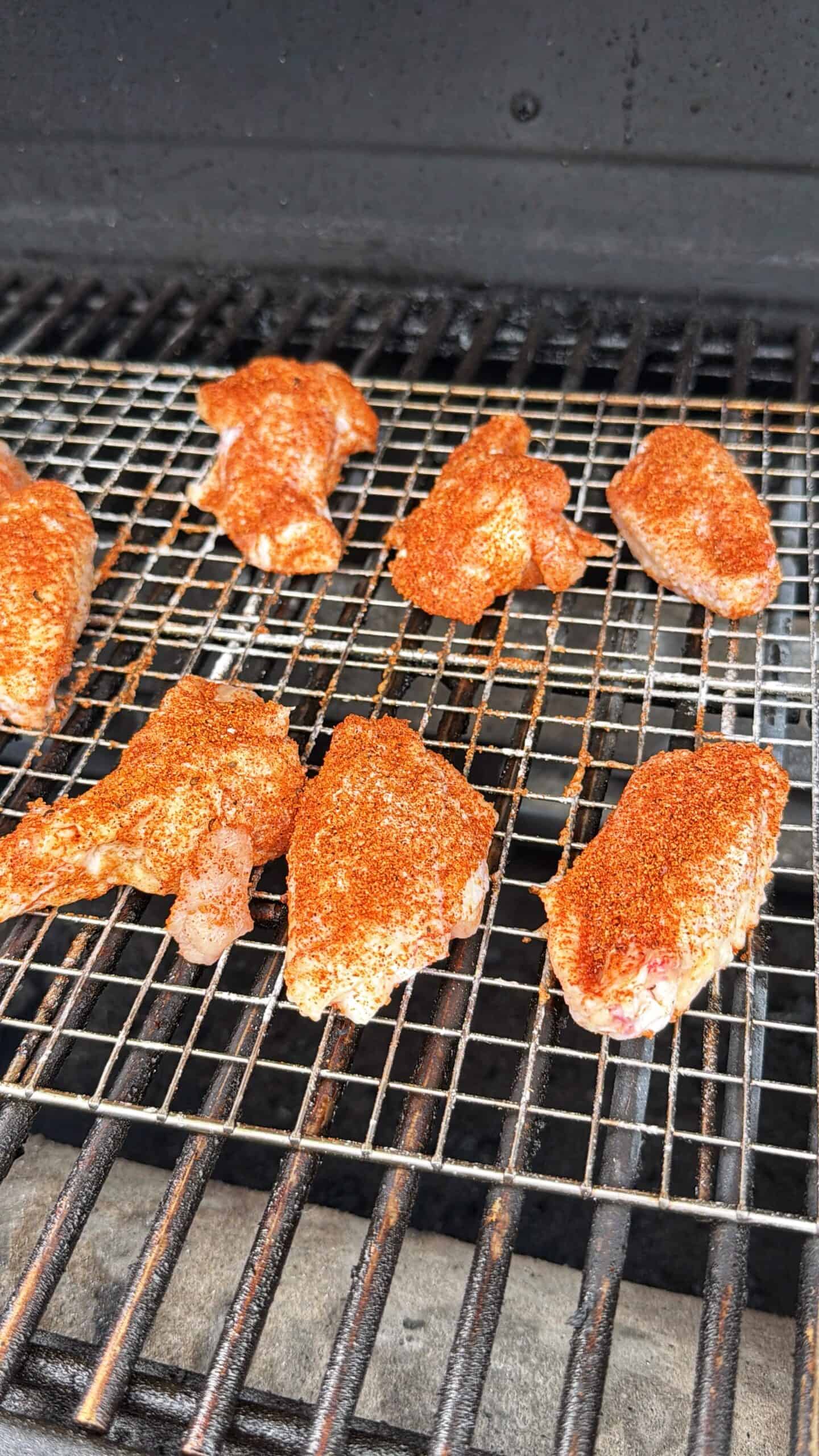 Seasoned chicken wing pieces are placed on a metal wire rack over a grill, ready to be cooked. The chicken is coated with a reddish-brown spice rub. The background shows the dark interior of the grill.