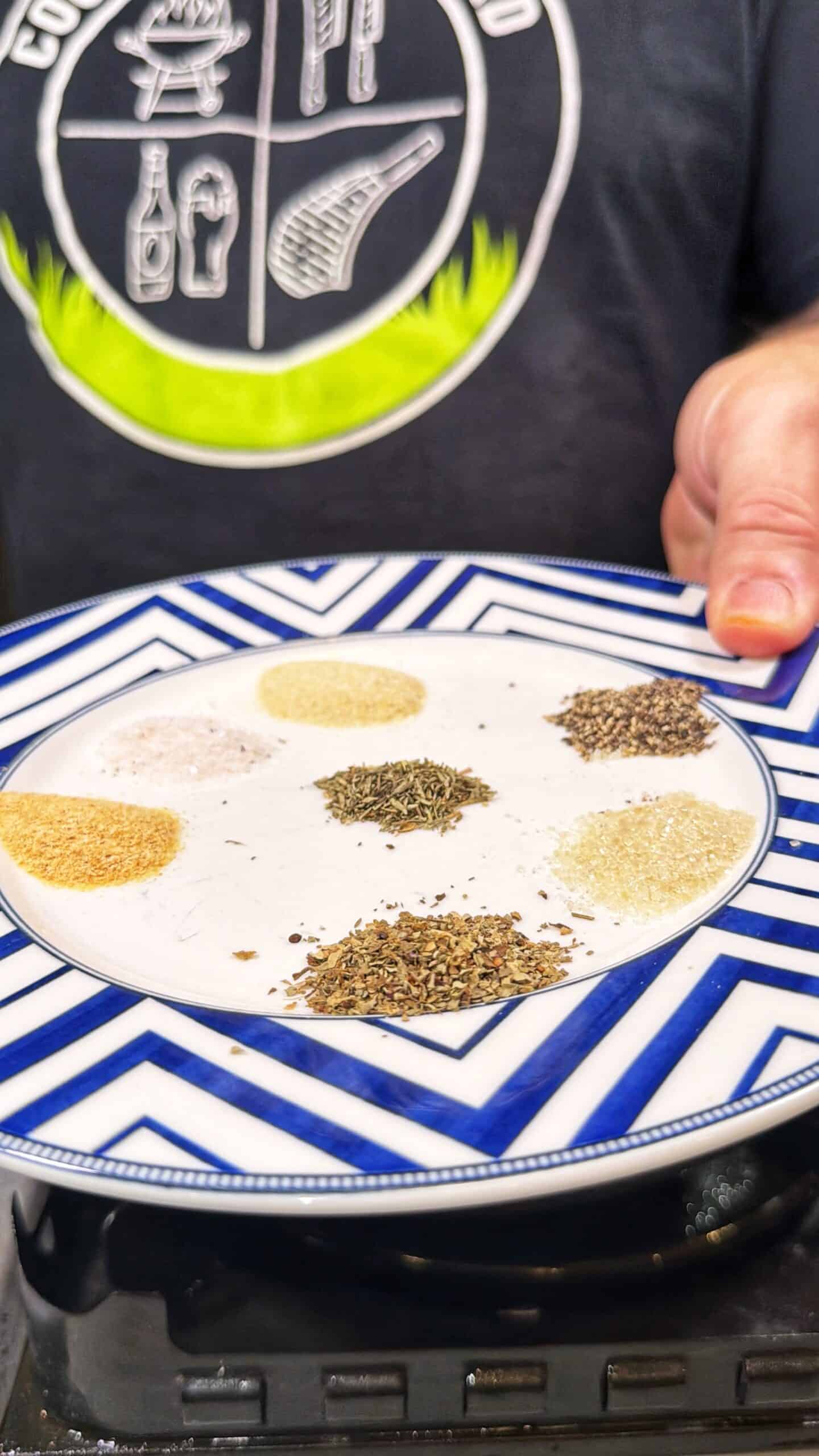 A person holds a blue-and-white striped plate displaying small piles of various dried herbs and spices, seen from above. The person wears a dark shirt with a circular logo and neon green accents.