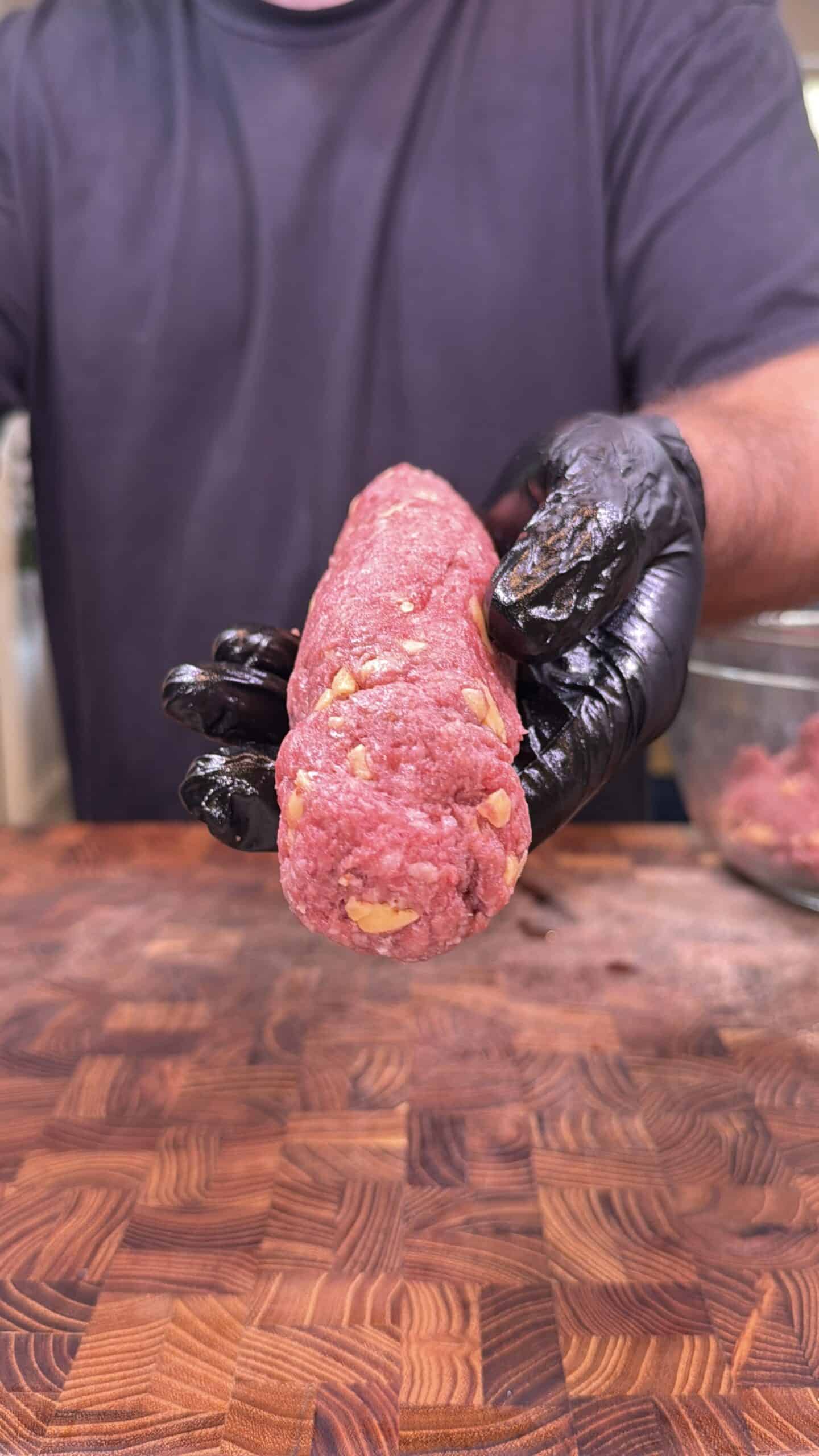 A person wearing black gloves holds a raw log of ground meat mixed with visible pieces of onion over a wooden <a href=