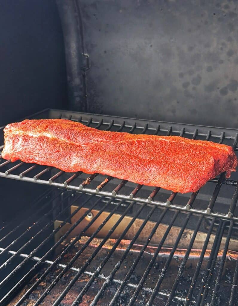 A rack of seasoned pork ribs on the upper grate inside a smoker.