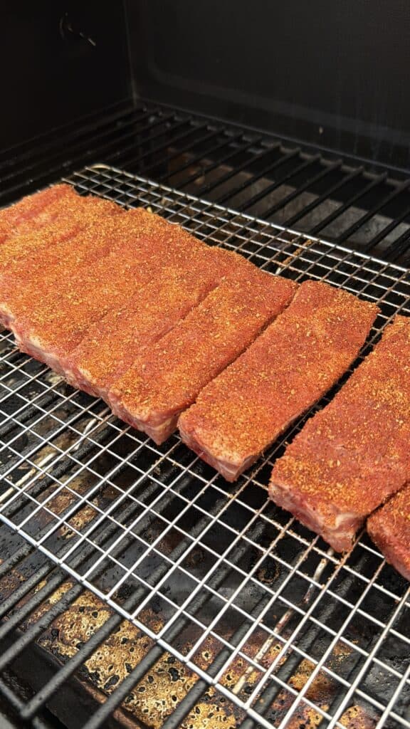 Individual uncooked pork ribs coated with dry rub on a wire rack inside a smoker.