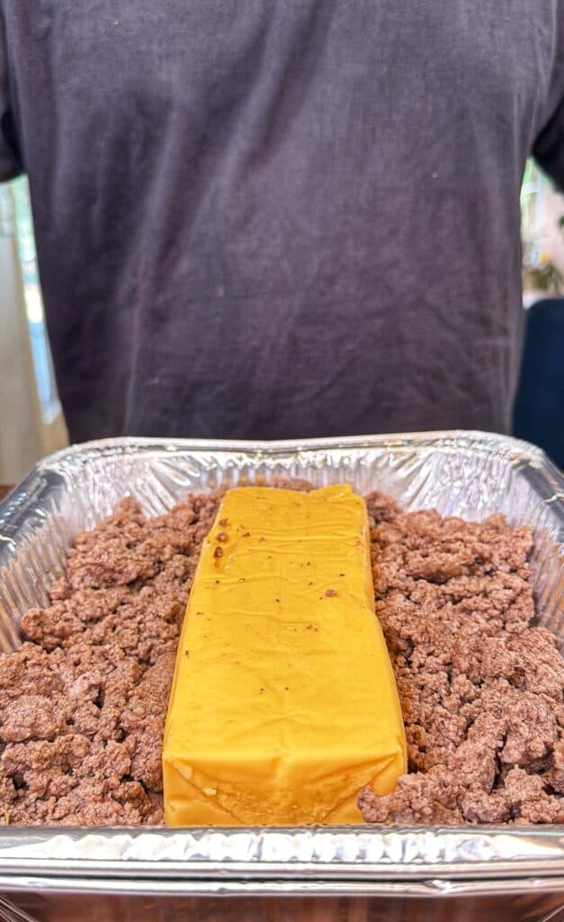 Smoked Bacon Cheeseburger Queso in progress