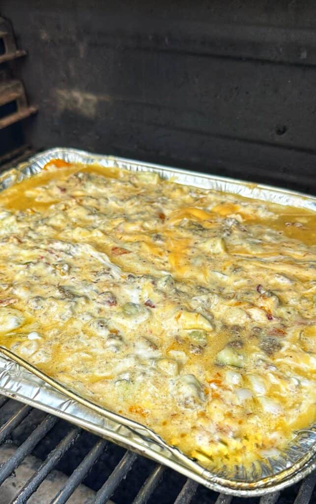 Smoked Bacon Cheeseburger Queso in progress