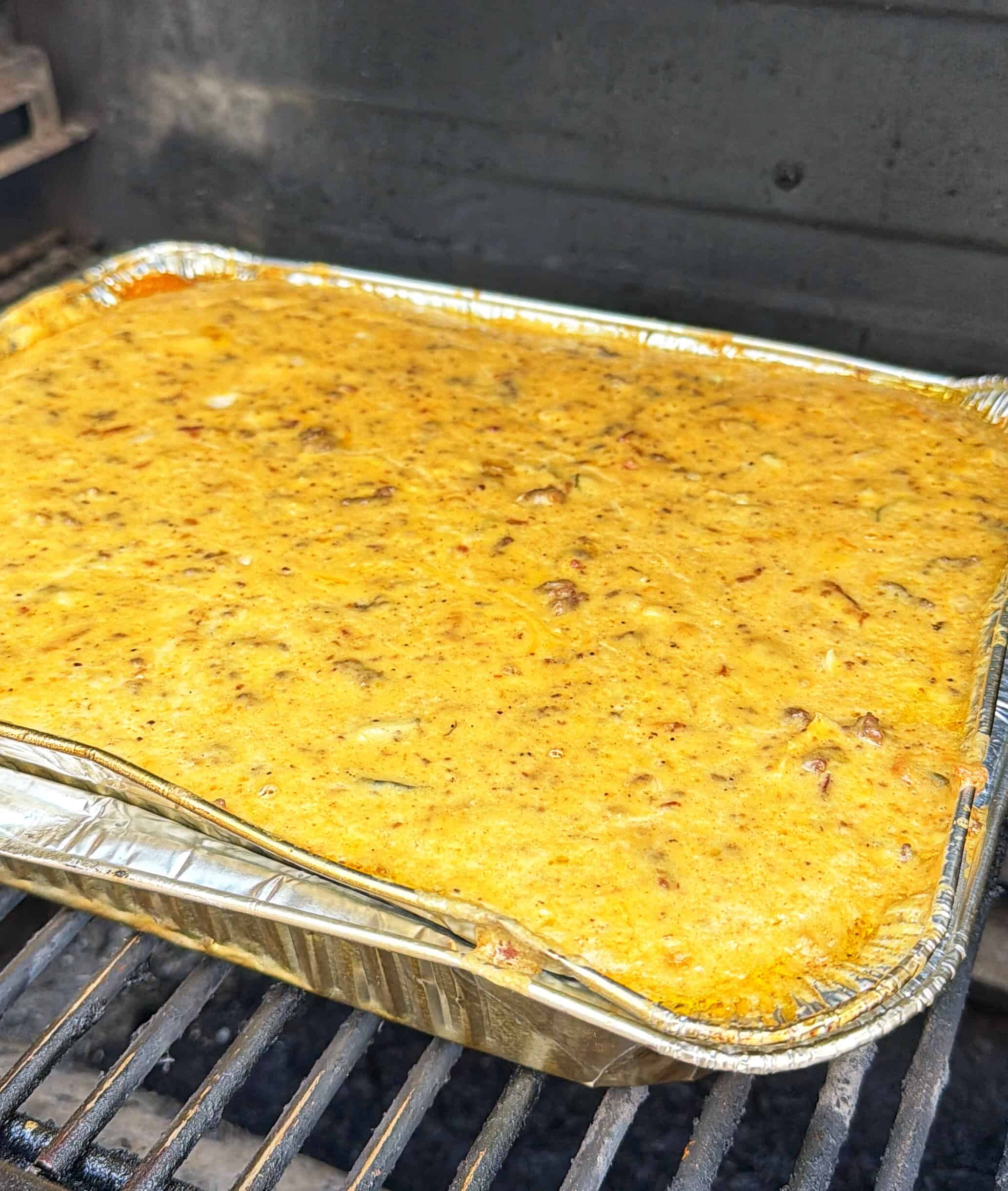 Smoked Bacon Cheeseburger Queso in progress
