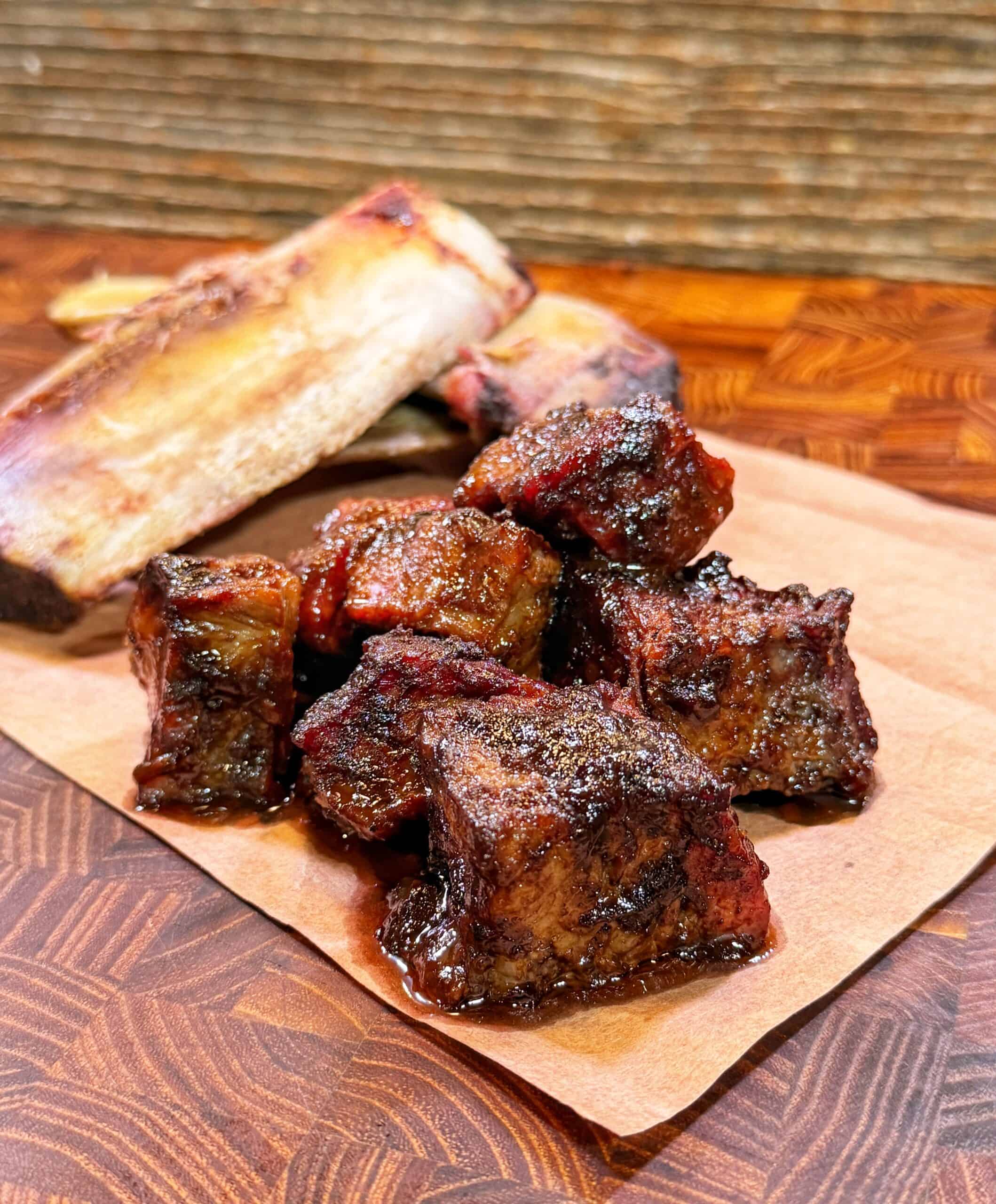 Beef rib burnt ends being prepared