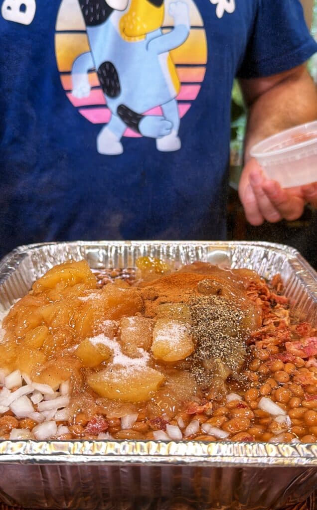 Apple pie baked beans being prepared.